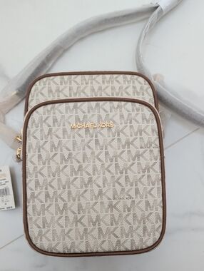 Michael Kors Cream and Brown MK Signature Crossbody